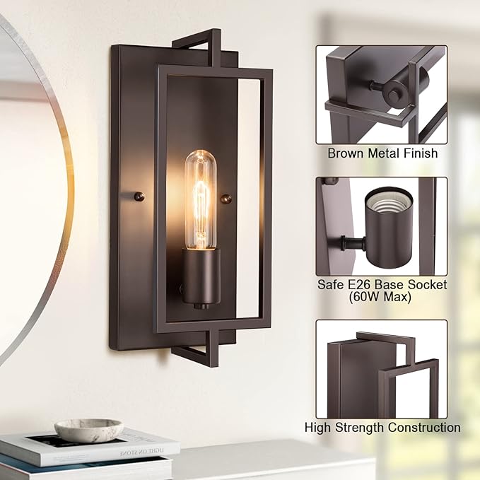 Maylaywood Industrial Wall Sconces Set of 2, Vintage Brown Wall Light Fixture E26 Base, Metal Rustic Wall Mount Lamp, Modern Indoor Lighting Hardwired