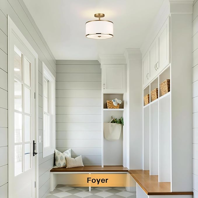 Luxury Semi Flush Mount Ceiling Light, 3-Light Drum Lamp with Gold Brass Finish and Fabric Shade, Ideal for Bedroom, Kitchen, Dining Room, Hallway, Entryway, and Foyer, 12.6"