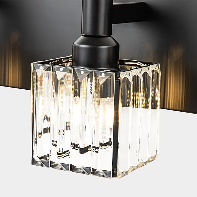 Black Crystal Bathroom Vanity Light 4-Light Modern Bathroom Lighting Fixtures Over Mirror Black Wall Sconce with Square Shade