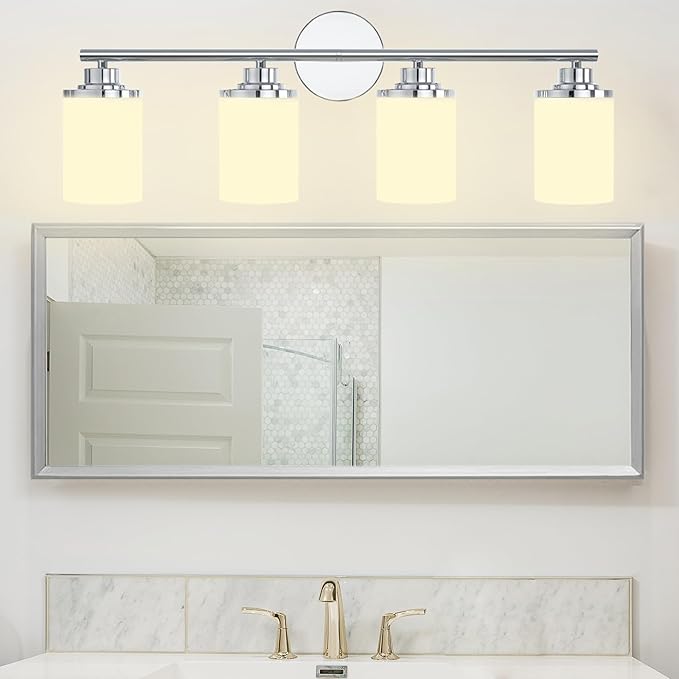 Chrome Mid-Century Modern Bathroom Sconce with Frosted Glass, 4-Light Vanity Lights Over Mirror