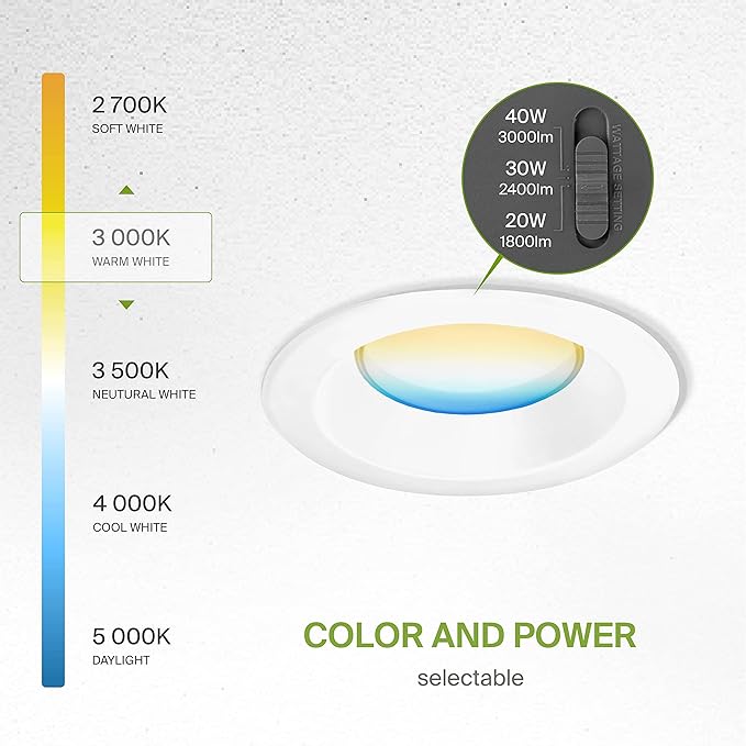 ASD 9/10 Inch Commercial Canless LED Downlight, Power Adjustable 20/30/40W Lighting, Round Dimmable Recessed Ceiling Light Fixture, 5 CCT 2700K-5000K, 120-277V IC Rated UL & Energy Star, 4 Pack