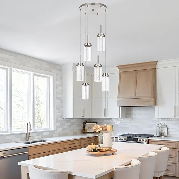 MELUCEE 6-Light Modern LED Pendant Light Fixtures with 3000K-6000K Adjustable Color Temperature Brushed Nickel Kitchen Pendant Lights Ceiling Hanging Chandeliers for Dining Room Kitchen Island