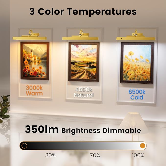 3 Pack Gallery Lights for Wall, 4400mAh Rechargeable Picture Lights, 12'' Cordless Remote Dimmable LED for Portrait Hallway Decor (Gold)