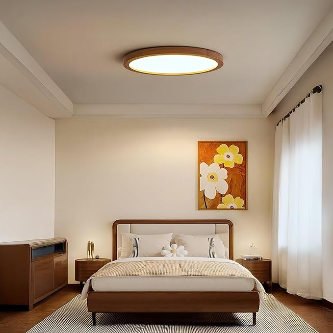 Ultra-Thin LED Ceiling Light Fixture 24.4", Handcrafted Walnut Wood Modern Wabi-Sabi Style, Slim 2.5cm Profile, 37W LED 3000K-4000K-6000K, Round Minimalist Lamp for Bedroom Kitchen Hallway