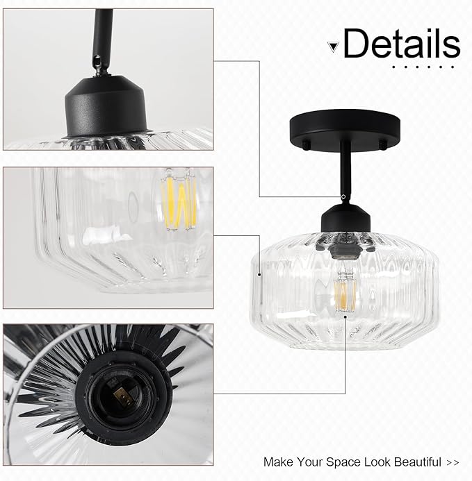 TeHenoo Modern Sloped Ceiling Light, Ribbed Clear Glass Flush Mount for Entryway, Hallway,Vaulted Ceiling,Matte Black