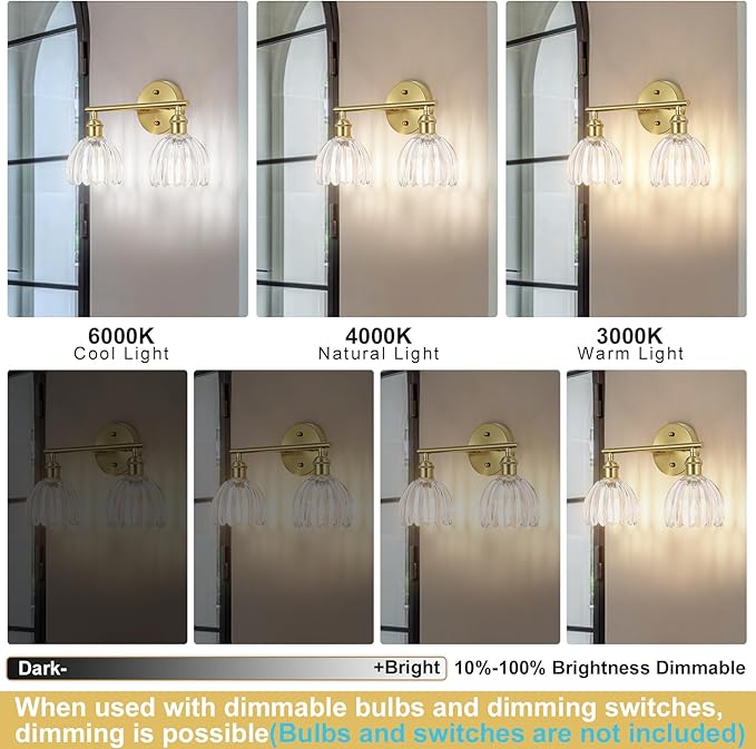 Vintage Bathroom Light Fixtures,2-Light Hardwired Vanity Lights with Clear Tulip Glass Shade,Gold Bathroom Vanity Light for Mirror Restroom,E26 Socket,14.57 in(Bulbs Not Included)