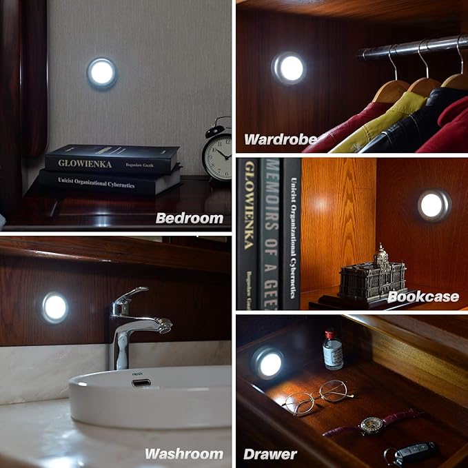 STAR-SPANGLED 5 Pack 2.8” Push Tap Lights, Stick on Touch Puck Lights AAA Battery Operated, LED Sticky Button Lights for Classroom, Kitchen, Under Cabinet, Closet (Sliver, Cool White)
