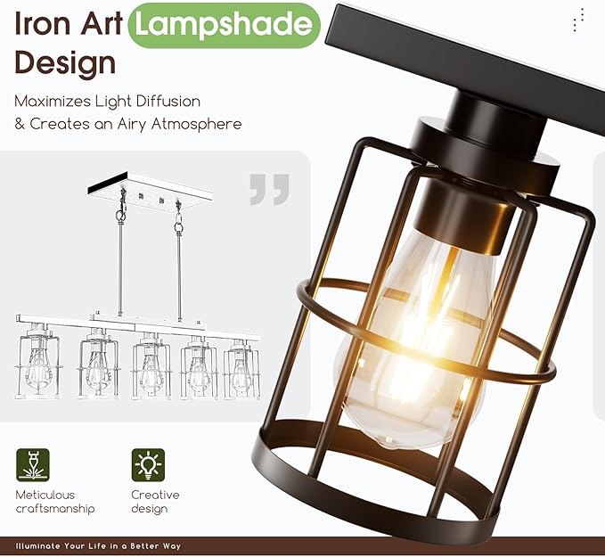 5-Light Dining Room Light Fixture, Chandeliers for Dining Room with Metal Lampshade, 33.4" Kitchen Island Lighting for Dining Rooms, Kitchens, and Islands, with Adjustable Height