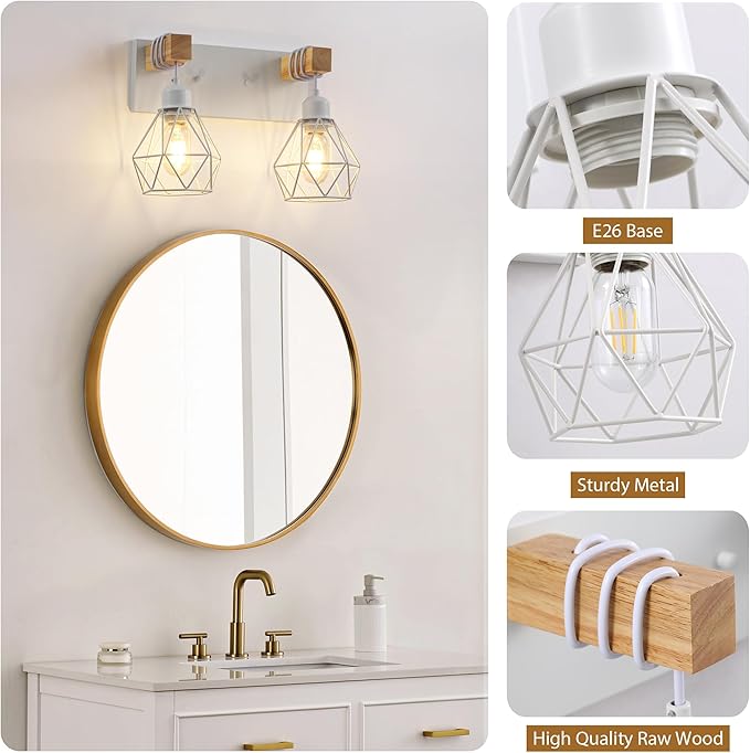Farmhouse Vanity Light for Bathroom, 2-Light White Wood Bathroom Vanity Light Fixtures Over Mirror, Rustic Sconces Wall Lighting with Metal Lampshade for Living Room, Bedroom, Hallway