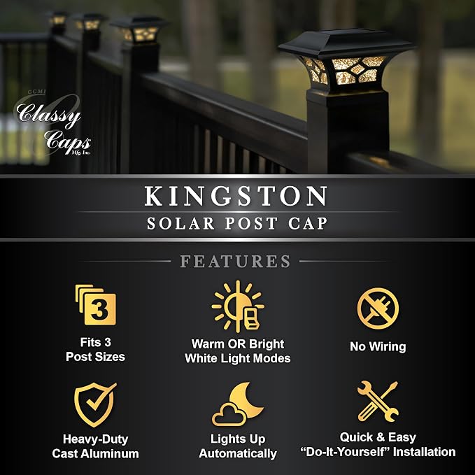 Classy Caps Kingston Solar Post Cap - Fits 2"x2", 2.5"x2.5" and 3"x3" Fence & Deck Posts - Black Cast Aluminum - Warm/Cool Light Color Modes - Heavy-Duty, Real Glass - Mod. SLZ332B