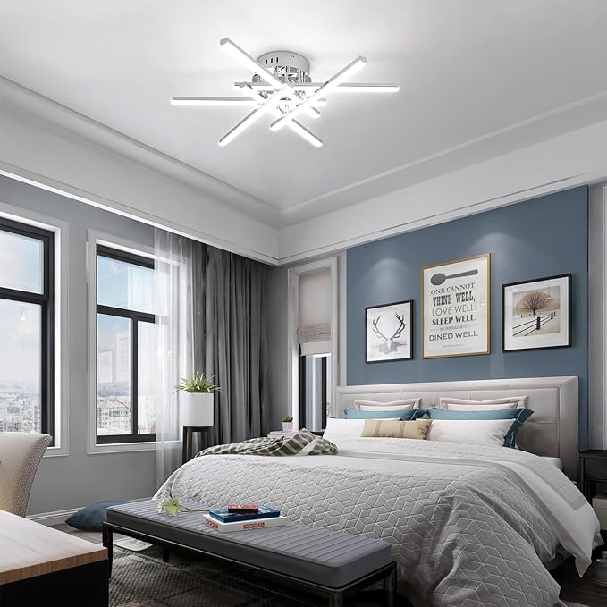 CANEOE Modern Led Ceiling Light,50W Sputnik LED Dimmable Ceiling Light Fixture with Remote Control, Chrome Flush Mount Chandelier Ceiling Lighting for Bedroom Living Room Kitchen Office Ceiling Lamp