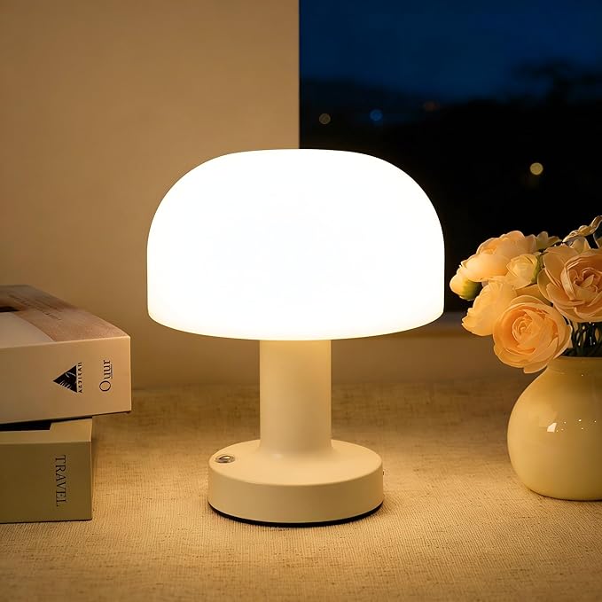 HAPYGI Small Mushroom Table Lamp, Cordless Night Light with 2600mAh Rechargeable Battery, Stepless Dimming Desk Lamp with 3 Colors for Bedroom/Patio/Living Room (White-1)