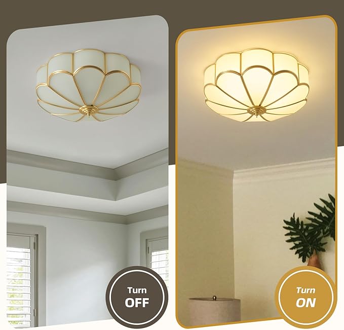Brass Vintage Gold Ceiling Light - Large 17.7 Inch Milk Glass Mid Century Flush Mount Lighting Fixtures - Art Deco Antique Modern Lamp for Hallway Bathroom Bedroom Kitchen Entryway Laundry Foyer Hall