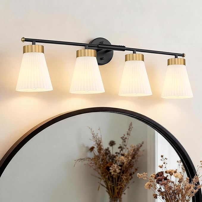 4-Light Bathroom Light Fixture, HWH 32 Inch Vanity Lights Over Mirror, Modern Sconce Wall Lighting with Frosted Milk White Striped Glass, Black and Gold Finish, 5HZG97B-4W BK+BG