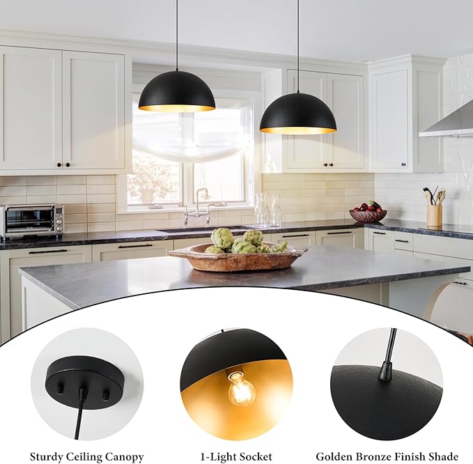 16" Dome Farmhouse Pendant Lights for Kitchen Island,Industrial Matte Black Pendant Light, Modern Adjustable Hanging Lamp for Dining Room,Living Room,Hallway,Cafe,Bar,1 Pack