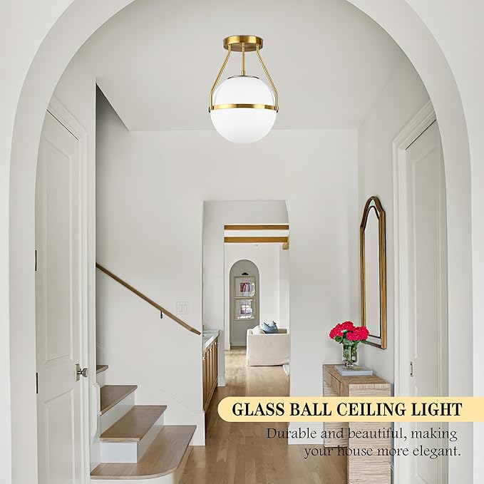 Bagood 10" Modern Semi Flush Mount Ceiling Light Fixture Mid Century Ceiling Light Globe Ceiling Light Fixture with Milk Glass Shade Brass Finish for Kitchen Island Hallway Living Room (Bulb Incl.)