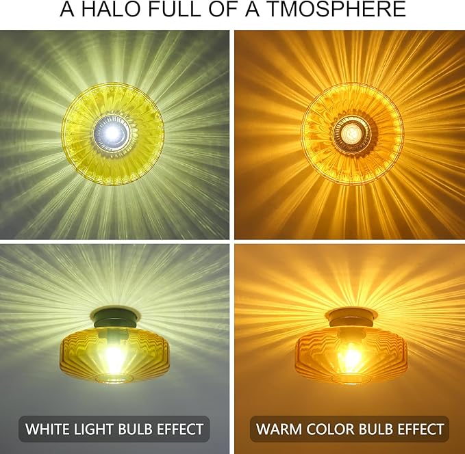 Semi Flush Mount Ceiling Light, 11.8" Mid Century Modern Close to Ceiling Light Fixtures with Amber Glass Shade, 1-Light Vintage Drum Lights for Bedroom Kitchen Entryway Hallway Porch Foyer
