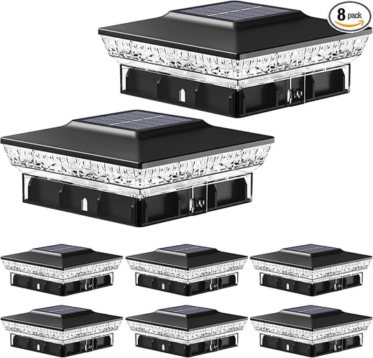 btfarm 8 Pack Solar Post Cap Lights Outdoor, 2 Color Modes 16 LED Fence Post Lights Fit 4x4 3.5x3.5 Wooden/Vinyl, Bright Waterproof Solar Powered Deck Lighting Outside for Patio Porch Garden, Black