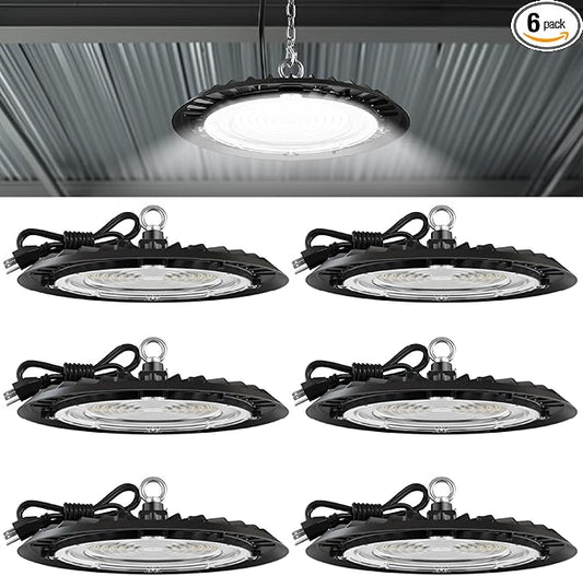 Sunco 6 Pack UFO LED High Bay Light, 150W, 19500 Lumens, 6000k Ultra Bright Commercial Shop Lights for Warehouse, Factory, Workshop, Garage & Barn, Ceiling Mount, Plug & Play, 120V, UL
