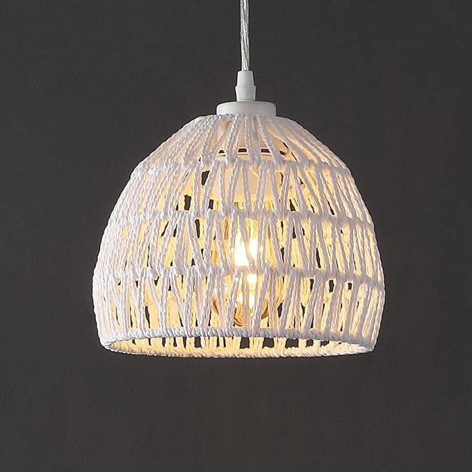 JONATHAN Y 8.25" White Modern Bohemian Woven Rope LED Pendant Light Fixture, Adjustable Dome Ceiling Lamp for Kitchen Island, Rope Shade, Coastal Farmhouse Decor (JYL6512A)