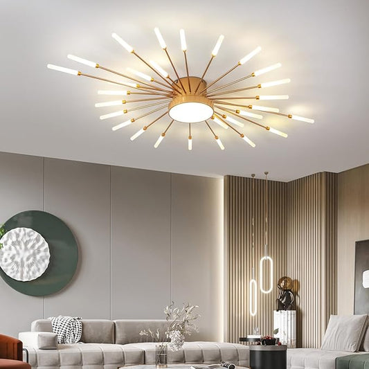 JAYMP 41.3" Ceiling Light Modern Flower Shape Ceiling Lamp for Living Room Dining Room Flush Mount Metal Acrylic Sputnik Firework Petal LED Lighting Fixture (Matte Gold, 28+1 Lights)