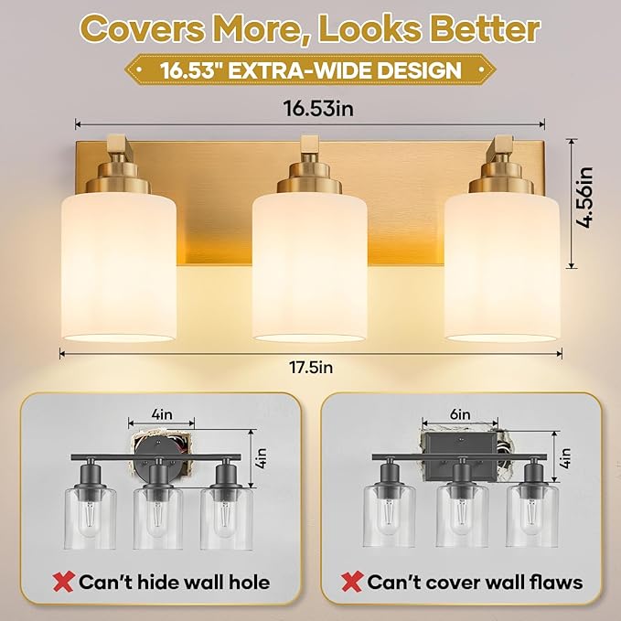 Bathroom Vanity Light Fixture, 3-Light Brushed Gold Bathroom Light Fixtures Over Mirror with Milky White Glass Shades, Modern Vanity Lights for Bathroom Living Room Hallway (Bulbs Not Included)