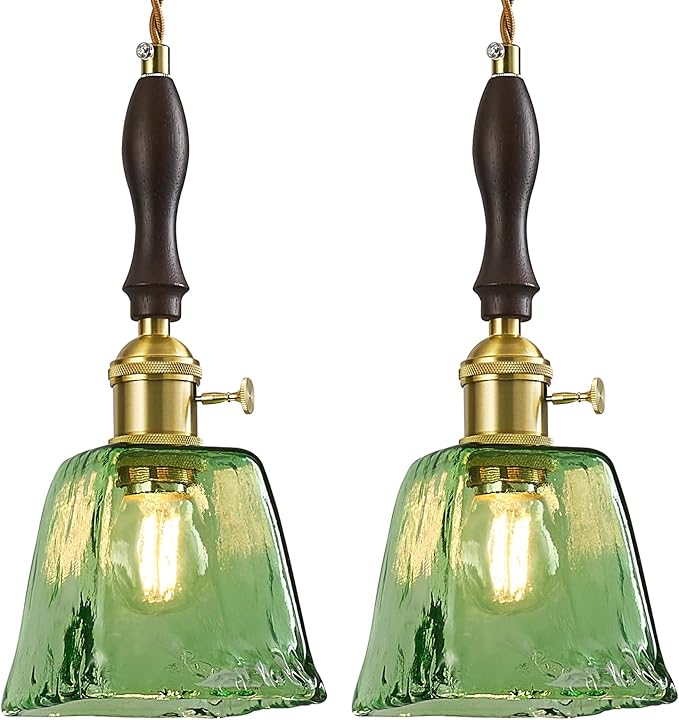 Green Glass Vintage Pendant Light Height Adjustable Handmade Glass Pendant Lights Kitchen Island Gold Hanging Light Fixture with Wood Handle for Bedroom Dining Room Hotel (2 Pack)