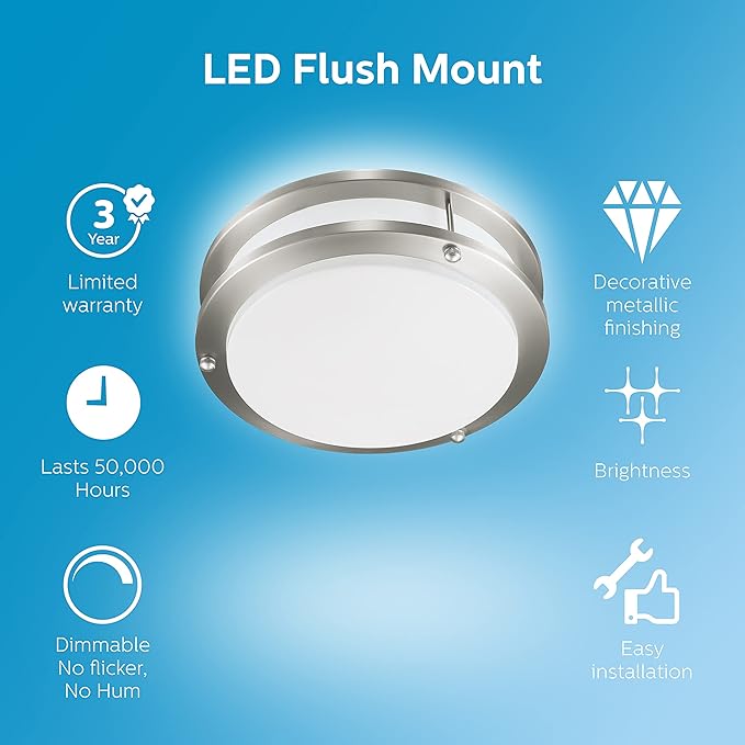 Philips LED Flush Mount Double Ring Ceiling Light 1-Pack Daylight (3000K) 1200 Lumen (16W = 75W) Dimmable Brushed Nickle No Bulbs Required