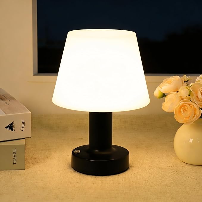 HAPYGI Small Mushroom Table Lamp, Cordless Night Light with 2600mAh Rechargeable Battery, Stepless Dimming Desk Lamp with 3 Colors for Bedroom/Patio/Living Room (Black-2)