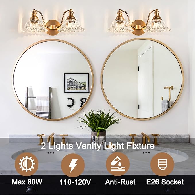 XIEDUN Bathroom Vanity Lights Over Mirror Vintage Bathroom Light Fixtures 2 Light Brass Vanity Lights for Vanity Lighting Fixtures