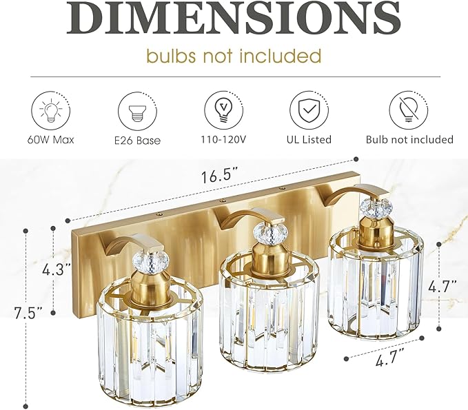 3-Lights Brushed Brass Bathroom Light Fixture Gold Vanity Lights Modern Crystal Bathroom Vanity Lighting Over Mirror Wall Sconce with K9 Crystal Shade E26 Base for Living Room, Bedroom Wall Lamp