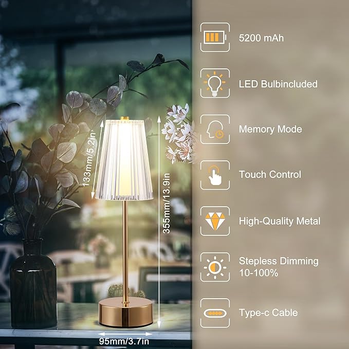 Idong Cordless Rechargeable Table Lamp, Portable Touch LED Desk Lamps, 5200mAh Battery Operated 3 Color Stepless Dimming, Small Wireless Metal Crystal Lamp for Bedside Bedroom Outdoor Restaurant Patio