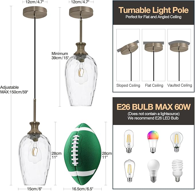 Modern Kitchen Pendant Lights,1-Light Nickel Pendant Light Fixtures with Hand-Blown Clear Glass Light Fixture for Kitchen Island Sink Dining Room Bedroom Hallway, E26 Bulb Not Includes