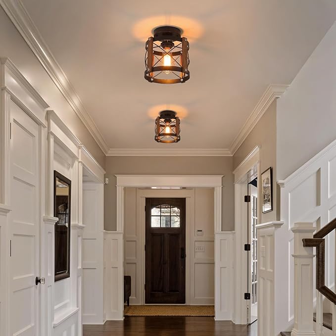 Rustic Farmhouse Wood Flush Mount Ceiling Light Fixture Oak Wood and Metal Round Cage Small Semi Flush Mount Ceiling Light for Kitchen Entry Bedroom Country Hallway Farmhouse, Black