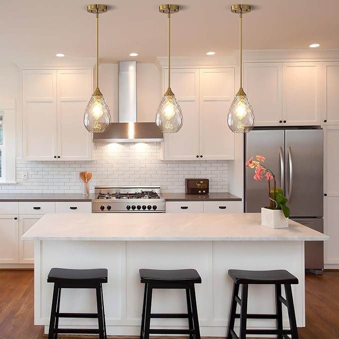 Brushed Gold Pendant Lights Kitchen Island 2 Pack, Modern Glass Pendant Light Fixtures with Hammered Glass and Rods, Adjustable Brass Hanging Light for Kitchen Sink Dining Room Bathroom