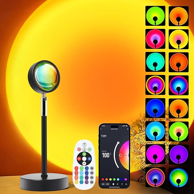 Sunset LED Lamp Projector, 21 Colors Changing App & Remote Control Mood lighting, Music Sync Ambiance Lighting, Sunset Lamp for Bedroom, Living Room, Aesthetic Room Decor, Birthday Gifts for Women