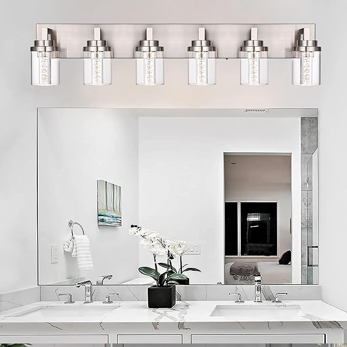 MELUCEE 6-Light LED Bathroom Light Fixtures, Modern Brushed Nickel Bubble Crystal Vanity Lights with Clear Glass Shade, Dimmable 5CCT Wall Sconce Lamp for Bathroom Restroom, Built-in Led Chips