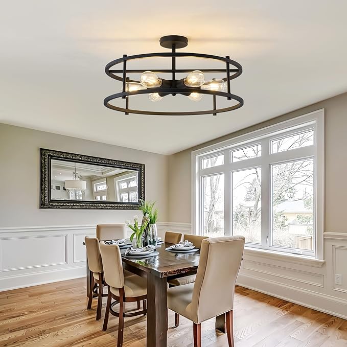 hesoge Large Semi Flush Mount Ceiling Light Fixture Black Cage Ceiling Light 6 Light Chandelier for Kitchen Dining Room Entryway Living Room Bedroom Foyer