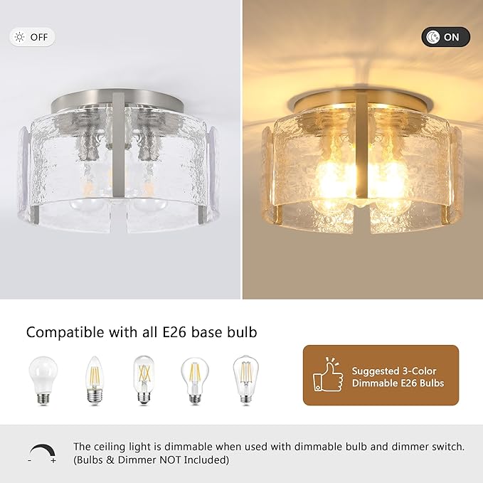 15" Modern Semi Flush Mount Ceiling Light, Brushed Nickel 3-Light Fixture with Glass Drum, Dimmable Hallway Lighting for Entryway, Kitchen, Bedroom, Bathroom