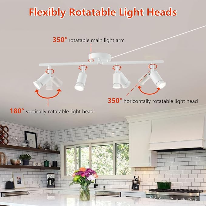 Dimmable 4 Light White Plug in Track Light White Plug in Ceiling Lighting Fixture with 16.4' Long Cord,4 Way Ceiling Spotlight,Rotatable Wall Mount Light Head,LED dimmable Spot Bulbs Included