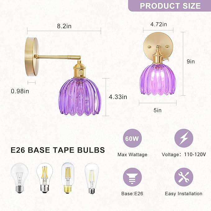 Hardwired Wall Sconce Light, Vintage Wall Sconce with Switch, Gold Wall Light Fixture with Tulip Purple Glass Lampshade, Indoor Wall Light for Bedroom Bathroom, Bedside Wall Lamp