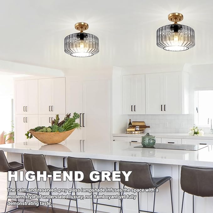Gold Flush Mount Ceiling Light Fixture Porch Glass Ceiling Light Contemporary Ribbed Glass Chandeliers Overhead Light Farmhouse Lamp for Laundry Room, Entryway Pantry Light(Gray)