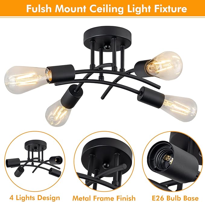 Industrial 4-Light Semi Flush Mount Ceiling Light Fixture, Modern Black Close to Ceiling Light, E26 Base Chandelier Lighting, Farmhouse Pendant Lamp for Hallway Kitchen Bedroom