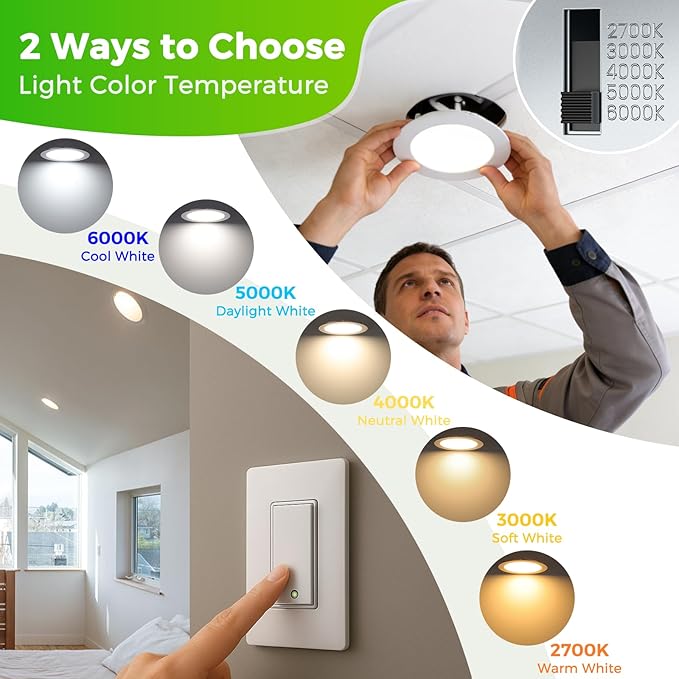 MAXvolador 6 Pack 6 Inch LED Recessed Ceiling Light with Junction Box 1200LM High Brightness, 2700K-6000K 5CCT Dimmable, 12W Ultra-Thin Canless Wafer Downlight