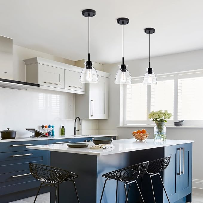 Pendant Light Over Sink with Industrial Hammered Glass Farmhouse Hanging Ceiling Light Adjustable Cord for Kitchen Island Dining Table