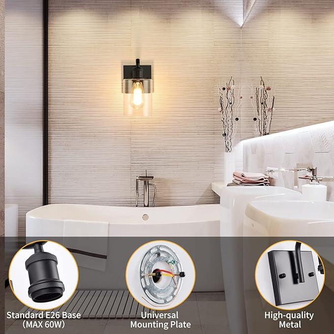 HOXIYA Bathroom Wall Sconce Industrial Wall Lamp Farmhouse Light Fixture, Matte Black Rustic Vanity Light, Dimmable Bedside Wall Lamp
