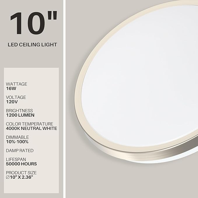 DYMOND LED Ceiling Light Flush Mount 10 Inches Ceiling Light Fixture Dimmable for Bathroom, Kitchen, Laundry Room (4000K Natural Daylight, 10 inches)