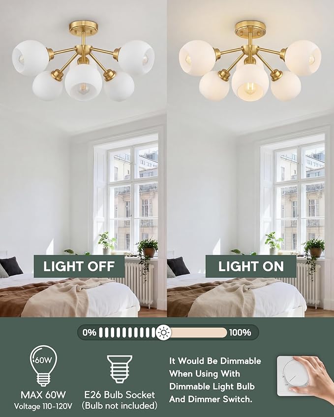 6-Light Semi Flush Mount Ceiling Light, 22" Modern Light Fixtures Ceiling Mount with Globe Milk White Glass Shade, Brushed Gold Light Fixtures for Kitchen Entryway Bedroom, SM195-BG-ML-6