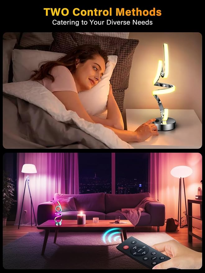 Wefomey Modern Spiral Table Lamp Color Changing Night Light Rechargeable LED Nightstand Lamp Dimmable Bedroom Lamp Remote Control for Home Decor Living Room Bedroom Office