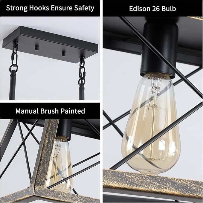 Farmhouse Chandeliers for Dining Room, Rustic Kitchen Island Light Fixture, 5-Light Linear Pendant Lighting Rectangular Chandelier, Metal Solid Ceiling Lights Black